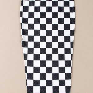 White Checkered Print Side Slit High Waist Midi Skirt