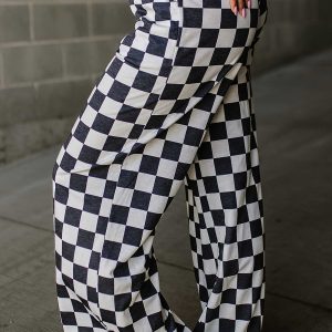 Black 2-Tone Checked Print High Waist Wide Leg Pants