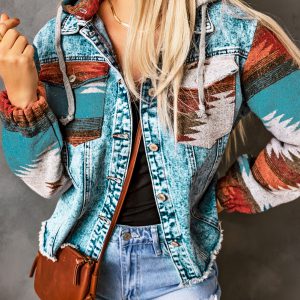 Multicolor Aztec Print Frayed Hem Denim Jacket