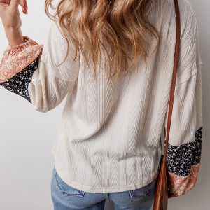 Beige Floral Patchwork Textured Knit Drawstring V Neck Blouse