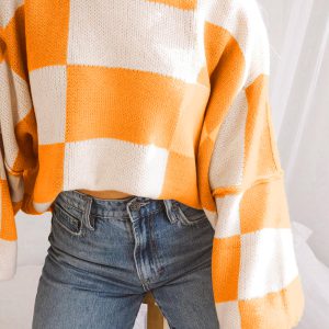 Orange Checkered Bishop Sleeve Sweater