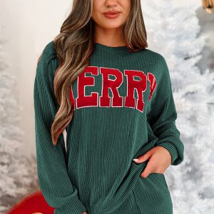 Evergreen Corded MERRY Graphic Long Sleeve Top and Shorts Set