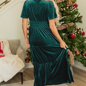 Evergreen Velvet Short Sleeve Shirred Waist Tiered Maxi Dress