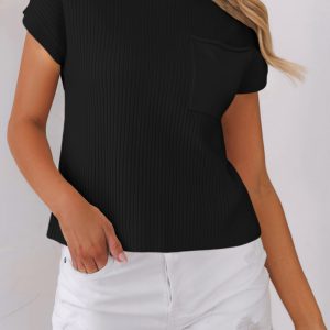 Black Patch Pocket Ribbed Knit Short Sleeve Sweater