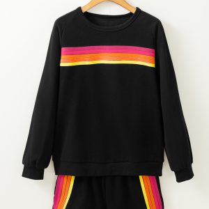 Black Striped Accent Pullover and Shorts Two Piece Casual Set