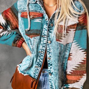 Multicolor Aztec Print Frayed Hem Denim Jacket