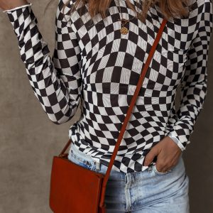 Black Checkered Pattern Mesh Mock Neck Long Sleeve Top