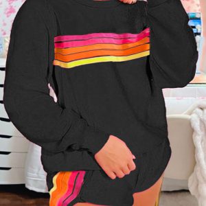 Black Striped Accent Pullover and Shorts Two Piece Casual Set