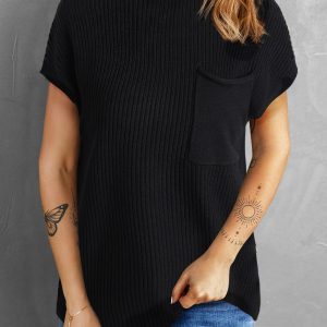 Black Patch Pocket Ribbed Knit Short Sleeve Sweater