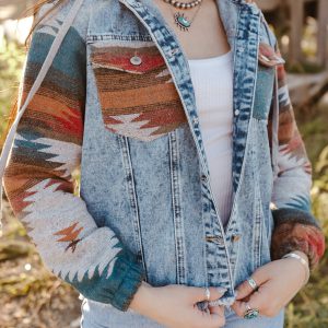 Multicolor Aztec Print Frayed Hem Denim Jacket