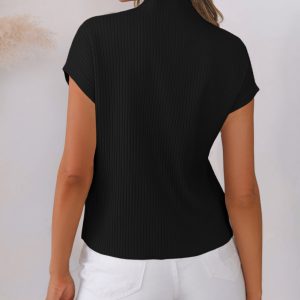 Black Patch Pocket Ribbed Knit Short Sleeve Sweater