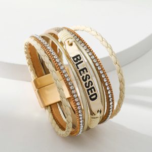 Beige BLESSED Rhinestone Braided Detail Buckle Bracelet