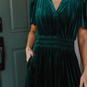 Evergreen Velvet Short Sleeve Shirred Waist Tiered Maxi Dress