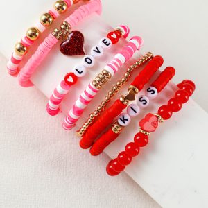 Pink Valentines LOVE XOXO Heart Shape Beaded Bracelet Set