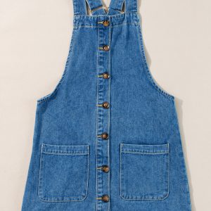 Dusk Blue Wide Strap Button Front Pocketed Denim Mini Dress