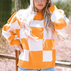 Orange Checkered Bishop Sleeve Sweater