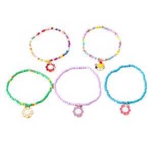 Light Blue 5pcs Smiley Flower Pendant Beaded Bracelet Set