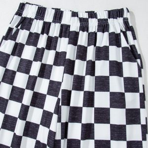 Black 2-Tone Checked Print High Waist Wide Leg Pants