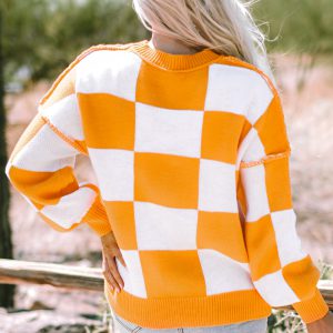 Orange Checkered Bishop Sleeve Sweater