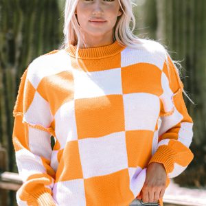 Orange Checkered Bishop Sleeve Sweater