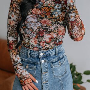 Brown Floral Long Sleeve High Neck Sheath Mesh Blouse