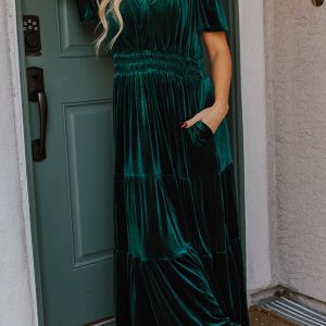 Evergreen Velvet Short Sleeve Shirred Waist Tiered Maxi Dress