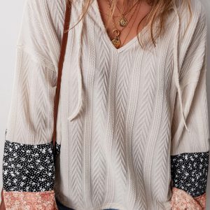 Beige Floral Patchwork Textured Knit Drawstring V Neck Blouse