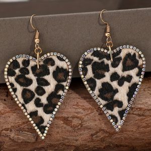 Multicolour Rhinestone Edge Leopard Print Heart Shape Earrings