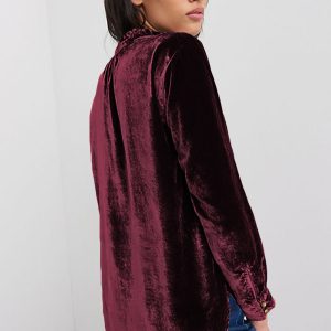 Burgundy Frilled Neck Buttoned Front Velvet Top