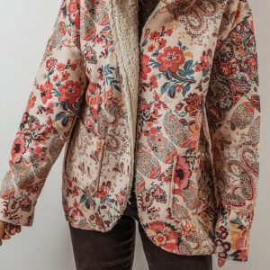 Beige Vintage Paisley Floral Printed Sherpa Lined Hooded Jacket