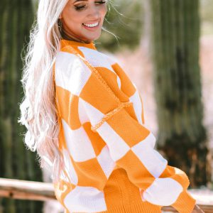 Orange Checkered Bishop Sleeve Sweater