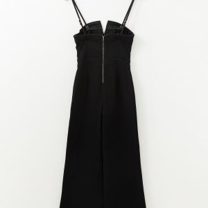 Black Seamed Zipper Spaghetti Strap High Waist Flared Jumpsuit