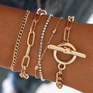 Gold Multi Layered Rhinestone Plated Chain Bracelet Set