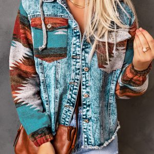 Multicolor Aztec Print Frayed Hem Denim Jacket