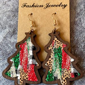 Red Shade Of Leopard Plaid Christmas Tree Earrings