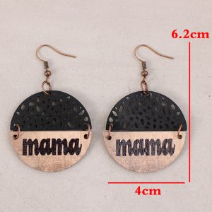 Black Vintage mama Pendant Leather Wooden Earrings