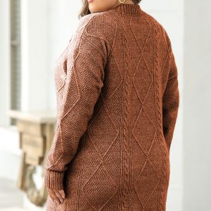 Coffee Cable Knit Drop Shoulder Loose Fit Sweater Dress