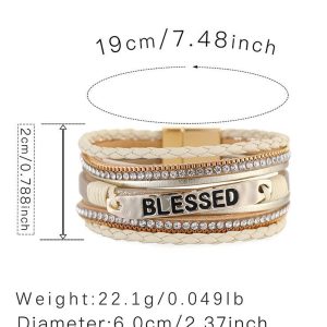 Beige BLESSED Rhinestone Braided Detail Buckle Bracelet