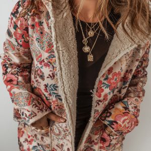 Beige Vintage Paisley Floral Printed Sherpa Lined Hooded Jacket