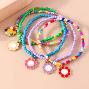 Light Blue 5pcs Smiley Flower Pendant Beaded Bracelet Set