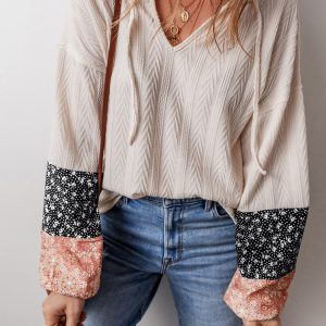 Beige Floral Patchwork Textured Knit Drawstring V Neck Blouse