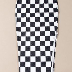 White Checkered Print Side Slit High Waist Midi Skirt