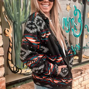 Black Aztec Printed Zip Up Collar Jacket