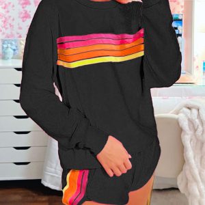 Black Striped Accent Pullover and Shorts Two Piece Casual Set