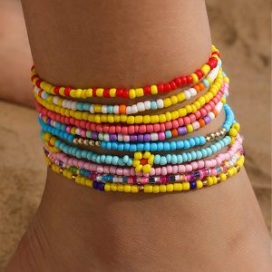 Yellow Flower Random Color Multi Layered Beaded Anklet Set