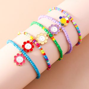 Light Blue 5pcs Smiley Flower Pendant Beaded Bracelet Set