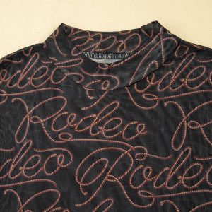 Black Western Rodeo Printed Mock Neck Long Sleeve Mesh Top