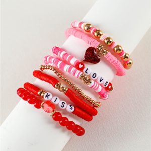 Pink Valentines LOVE XOXO Heart Shape Beaded Bracelet Set