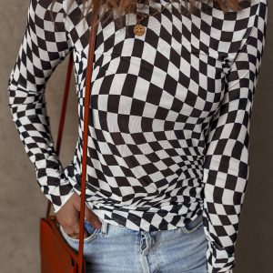 Black Checkered Pattern Mesh Mock Neck Long Sleeve Top