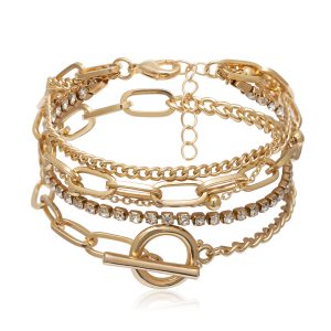 Gold Multi Layered Rhinestone Plated Chain Bracelet Set